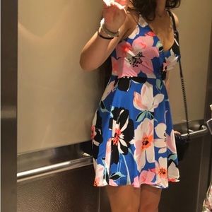 Express Blue floral multicolor spaghetti strap cross neckline flowy mini dress